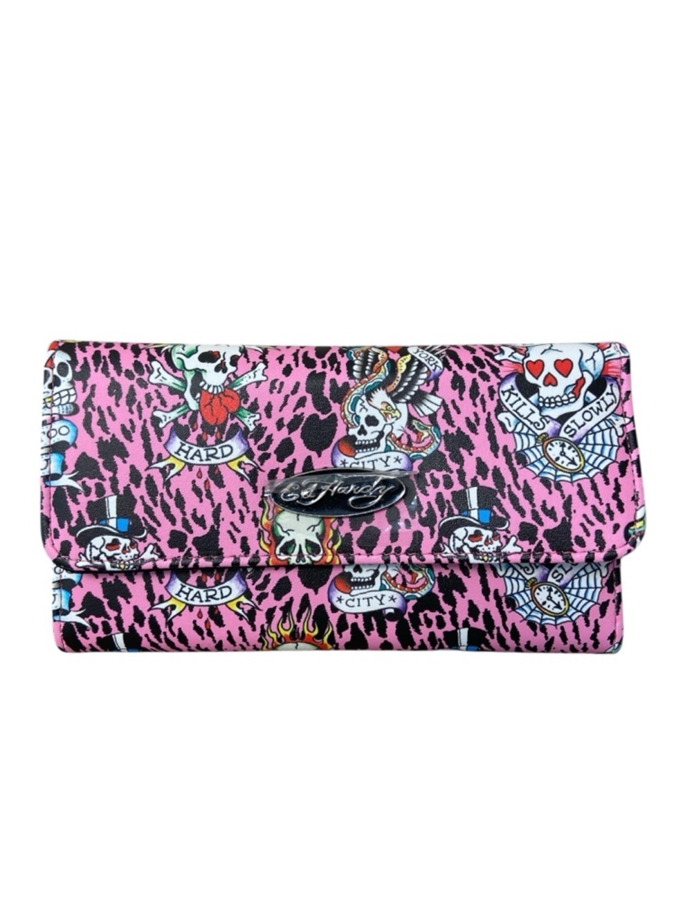 Ed Hardy Pink Black Vegan Leather Wallet Multiple Compartments Skull NWT